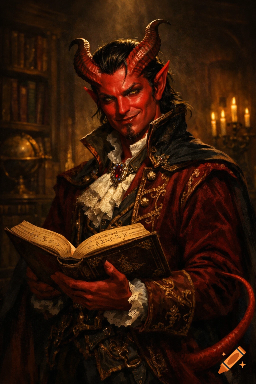 A red-skinned devilish man with horns and a tail, wearing noble clothes, smiles smugly while holding an open book in a dimly lit library.