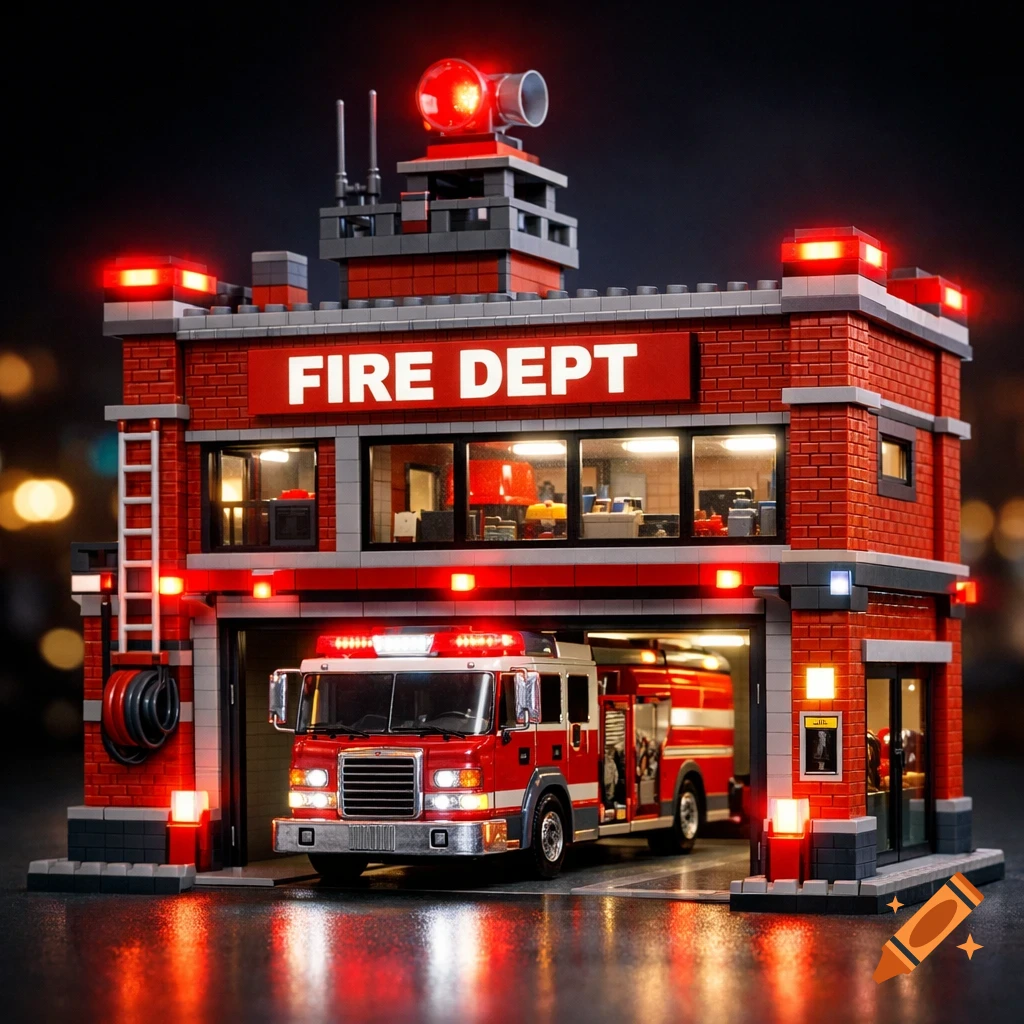 A highly detailed, illuminated brick-built fire department with a fire truck in the garage at night.