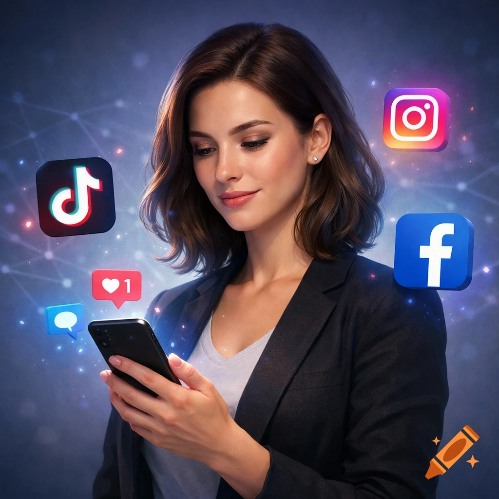 A woman in a business casual outfit looks at her smartphone, with TikTok, Instagram, and Facebook logos floating around her.