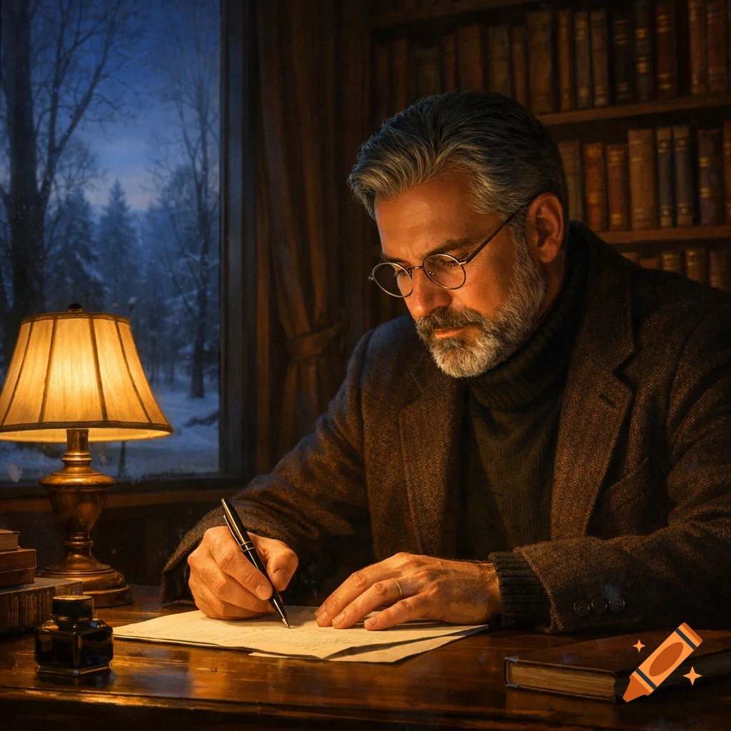 A distinguished man with gray hair and glasses writes at a lamplit desk in a cozy study, with a winter forest visible outside the window.