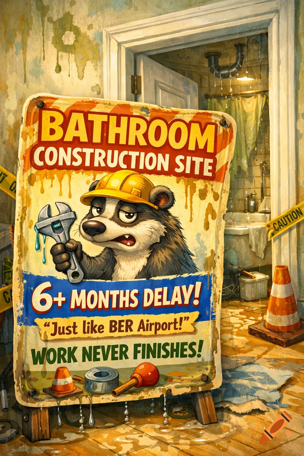 Humorous illustration of a frustrated badger in a hard hat holding a wrench, on a sign for a delayed bathroom construction.