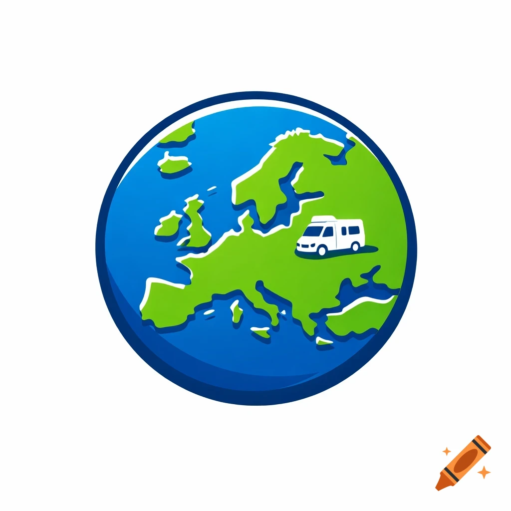 Minimalist logo illustration of a blue globe with a green map of Europe and a white camper van.
