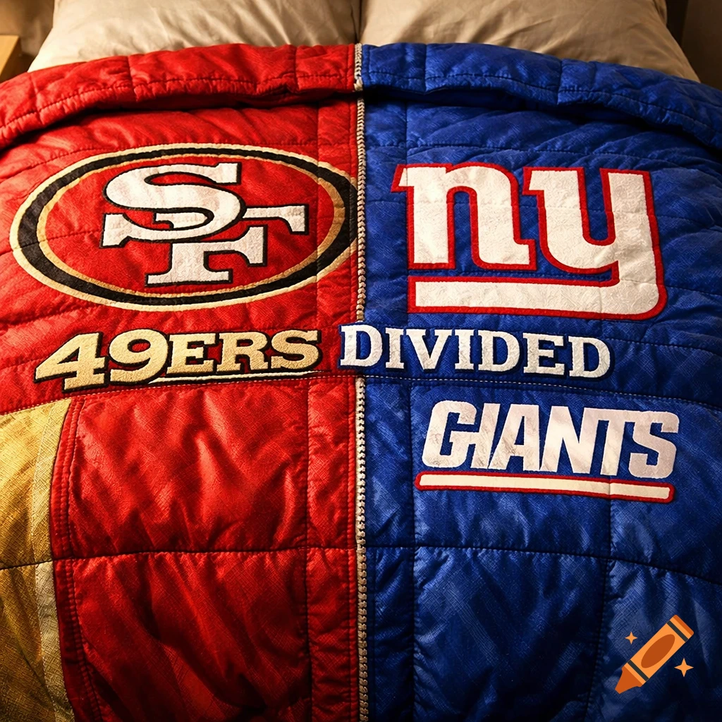 A comforter split vertically, red on the left with "SF" and "49ERS" logos, blue on the right with "NY" and "GIANTS" logos. The word "DIVIDED" is centered.