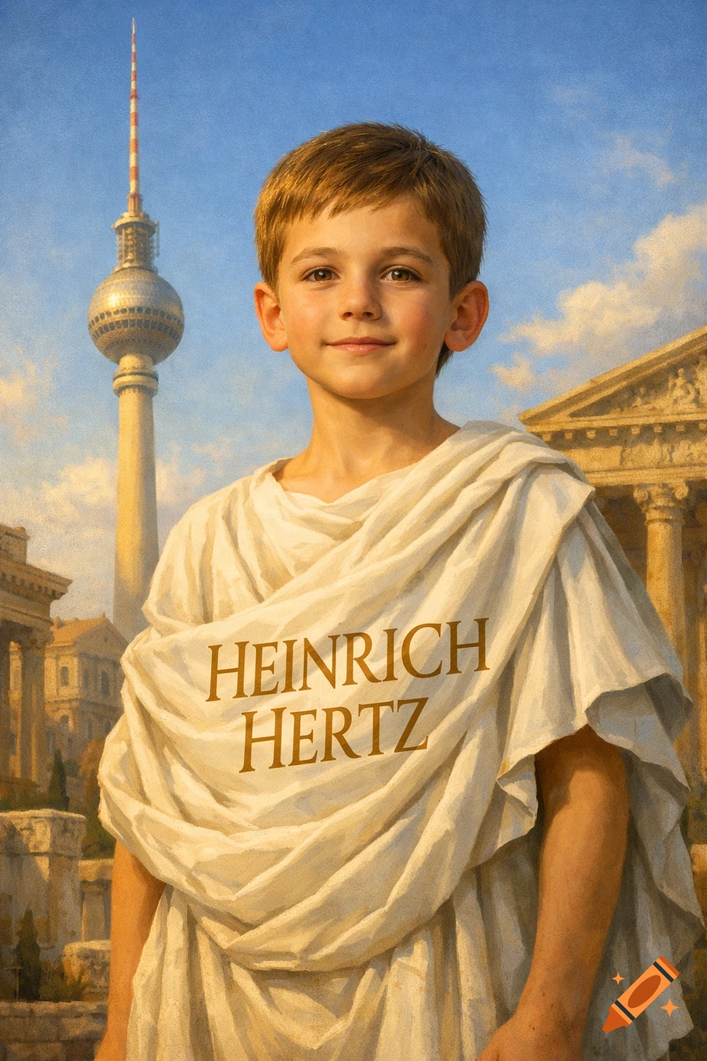A young boy in a white Roman toga, with 'HEINRICH HERTZ' written on it, stands before the Berlin TV Tower and classical buildings.