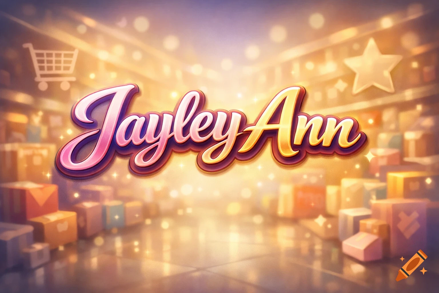 Stylized pink and gold text 'Jayley Ann' over a blurred, glowing shop background with boxes, a shopping cart, and a star.