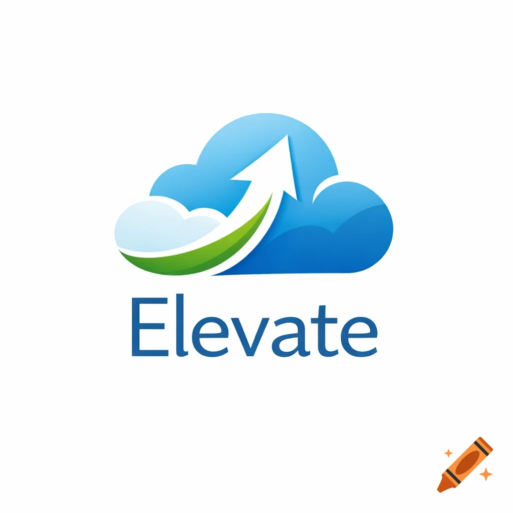 A modern logo featuring a blue cloud, a green upward arrow, and the word 'Elevate' in blue text below it.