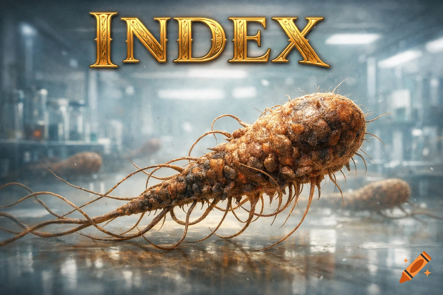 A close-up of a large, brown, textured, alien-like microbe with numerous tendrils on a wet surface, in a blurry laboratory background, with the golden word "INDEX" floating above.