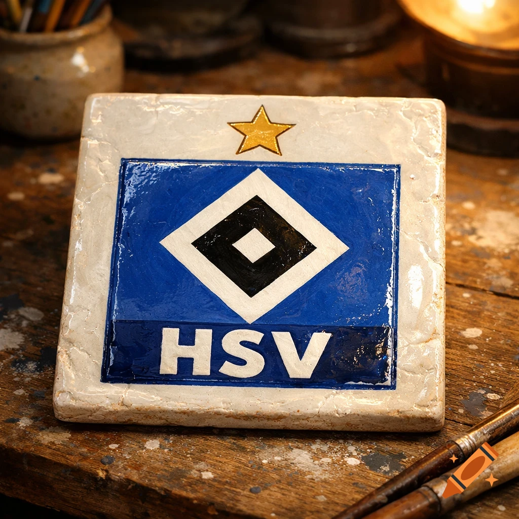 A handmade ceramic tile featuring the blue, white, and black HSV football club logo with a golden star on top, resting on a rustic wooden surface.