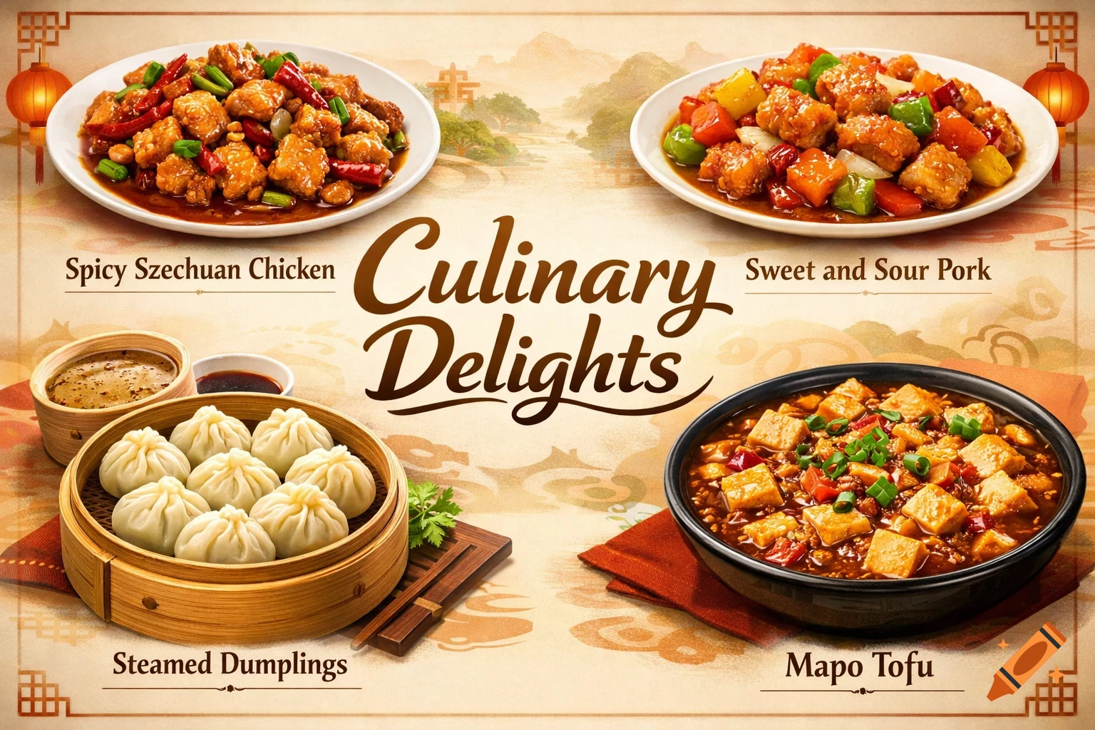 A menu displaying four Chinese dishes: Spicy Szechuan Chicken, Sweet and Sour Pork, Steamed Dumplings, and Mapo Tofu.