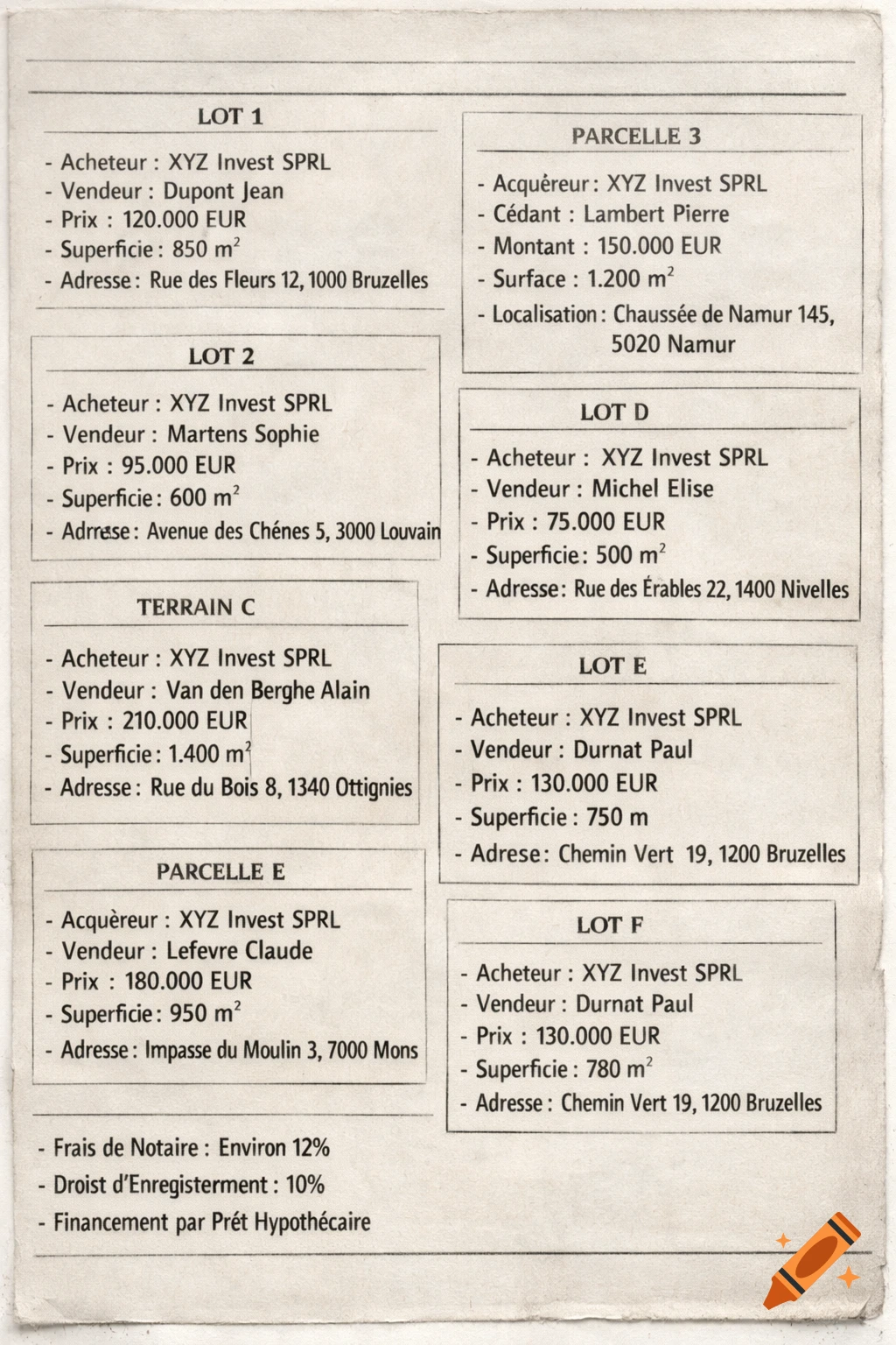 A sample PDF document showing property purchase data for multiple lots in Belgium, including buyer, seller, price, size, and address.