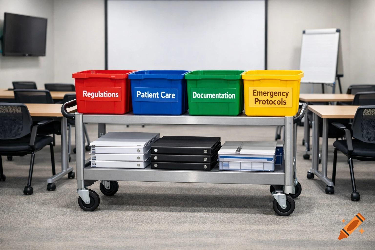 A rolling cart with red, blue, green, and yellow containers labeled 'Regulations', 'Patient Care', 'Documentation', and 'Emergency Protocols' in a modern office training room.