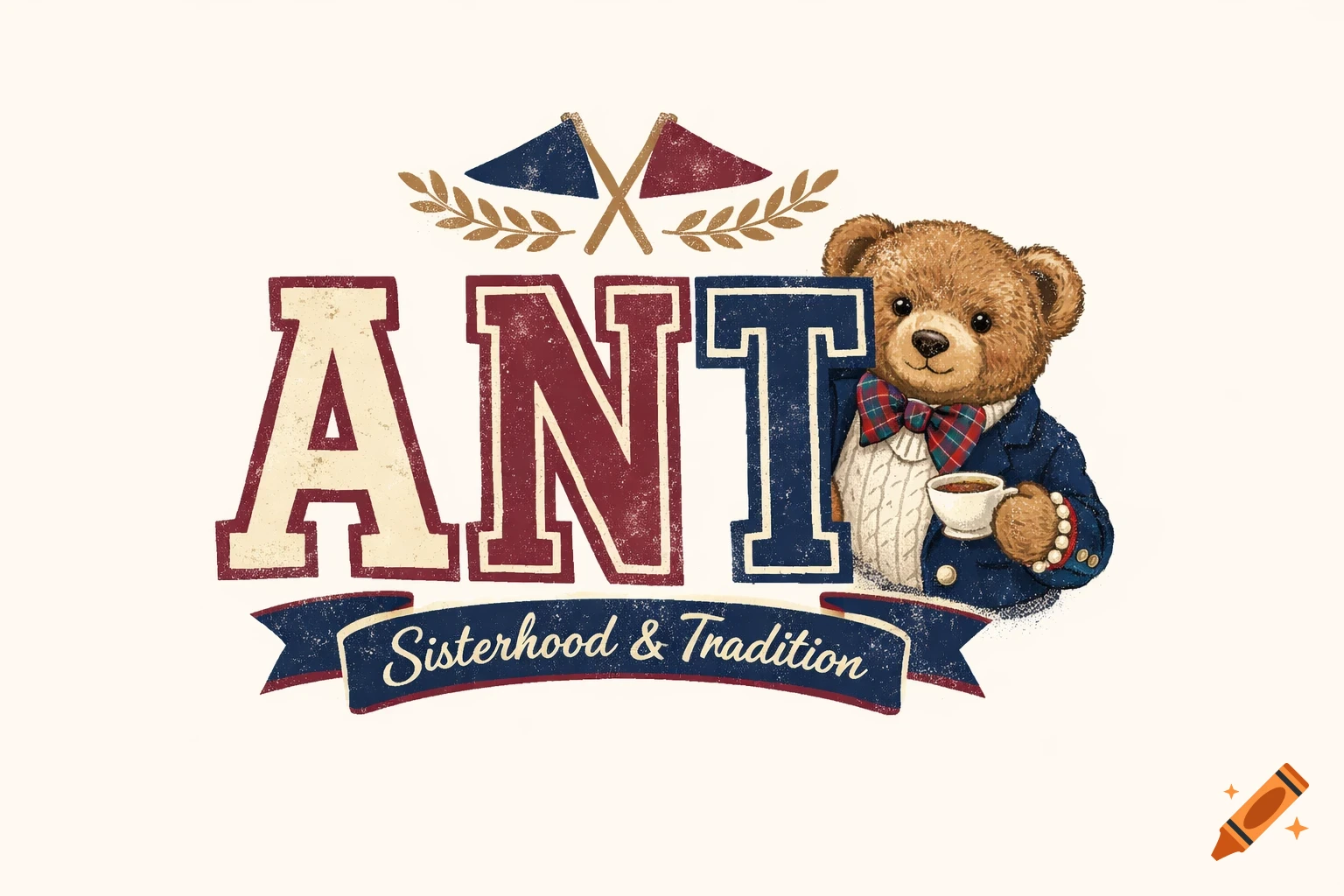A vintage-style logo featuring a teddy bear wearing a jacket and bow tie, holding a teacup, next to the distressed letters "ANT" with "Sisterhood & Tradition" on a banner.