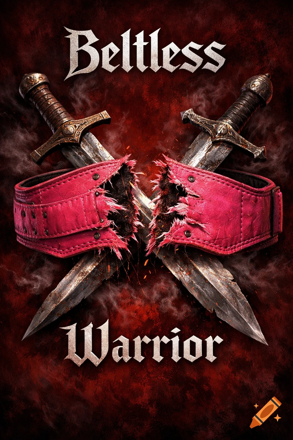 Two crossed swords pierce a ripped pink weightlifting belt on a dark red grunge background, with 'Beltless' above and 'Warrior' below.