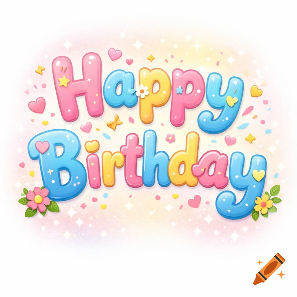 Colorful bubble letters spelling 'Happy Birthday' with hearts, stars, and flowers on a pastel background.
