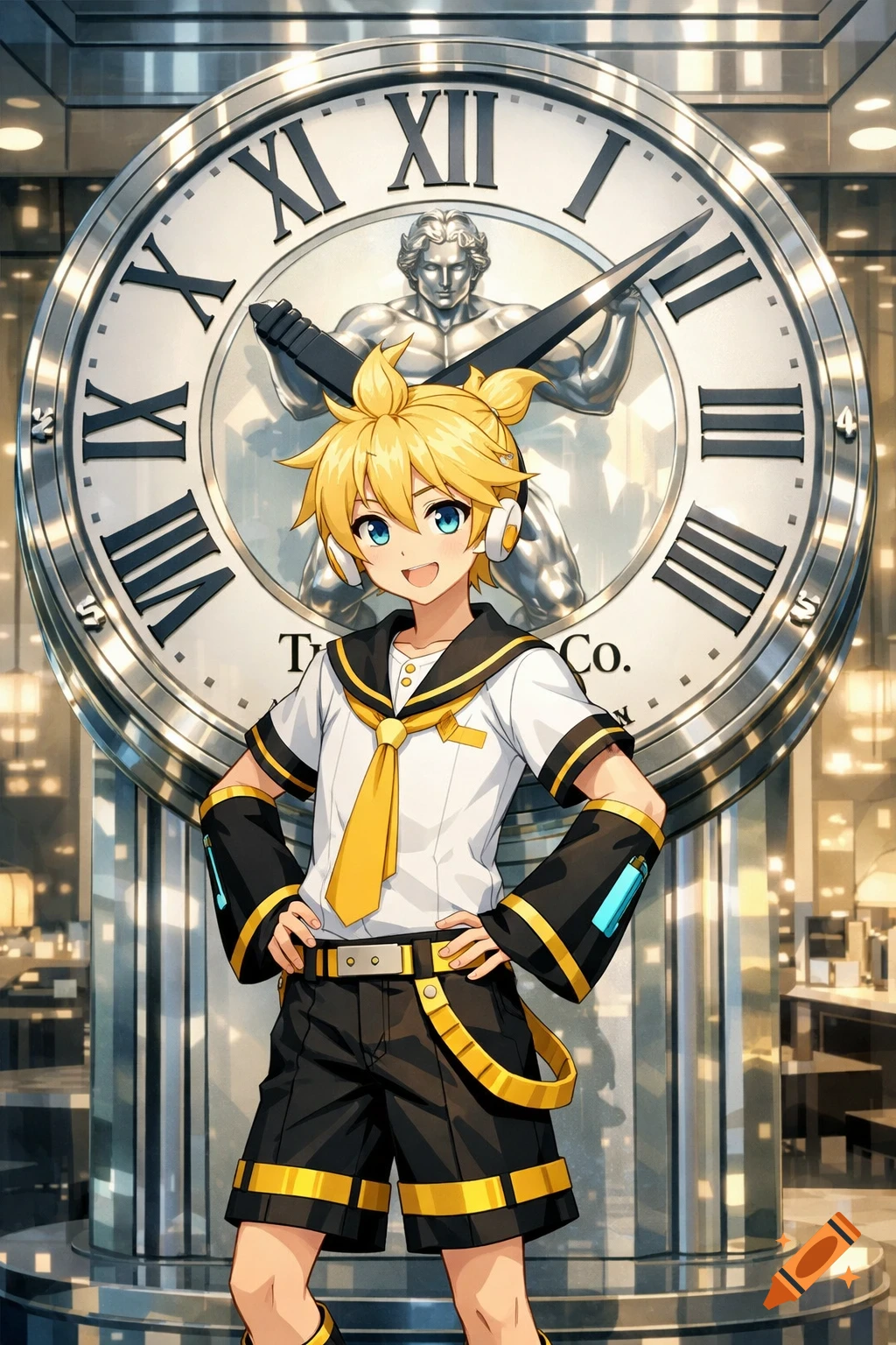 Anime boy Kagamine Len in a sailor uniform stands in front of a large Tiffany & Co. Atlas clock.