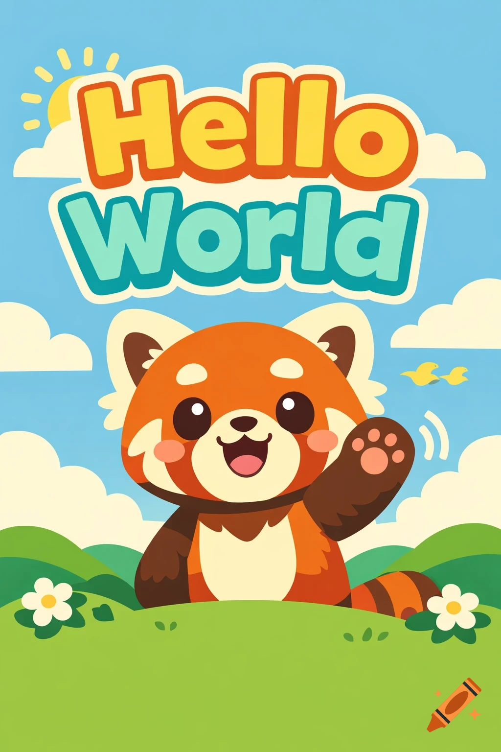 A vibrant, flat vector art poster with a cute red panda waving hello amidst green hills and blue sky, with the text 'Hello World' above.