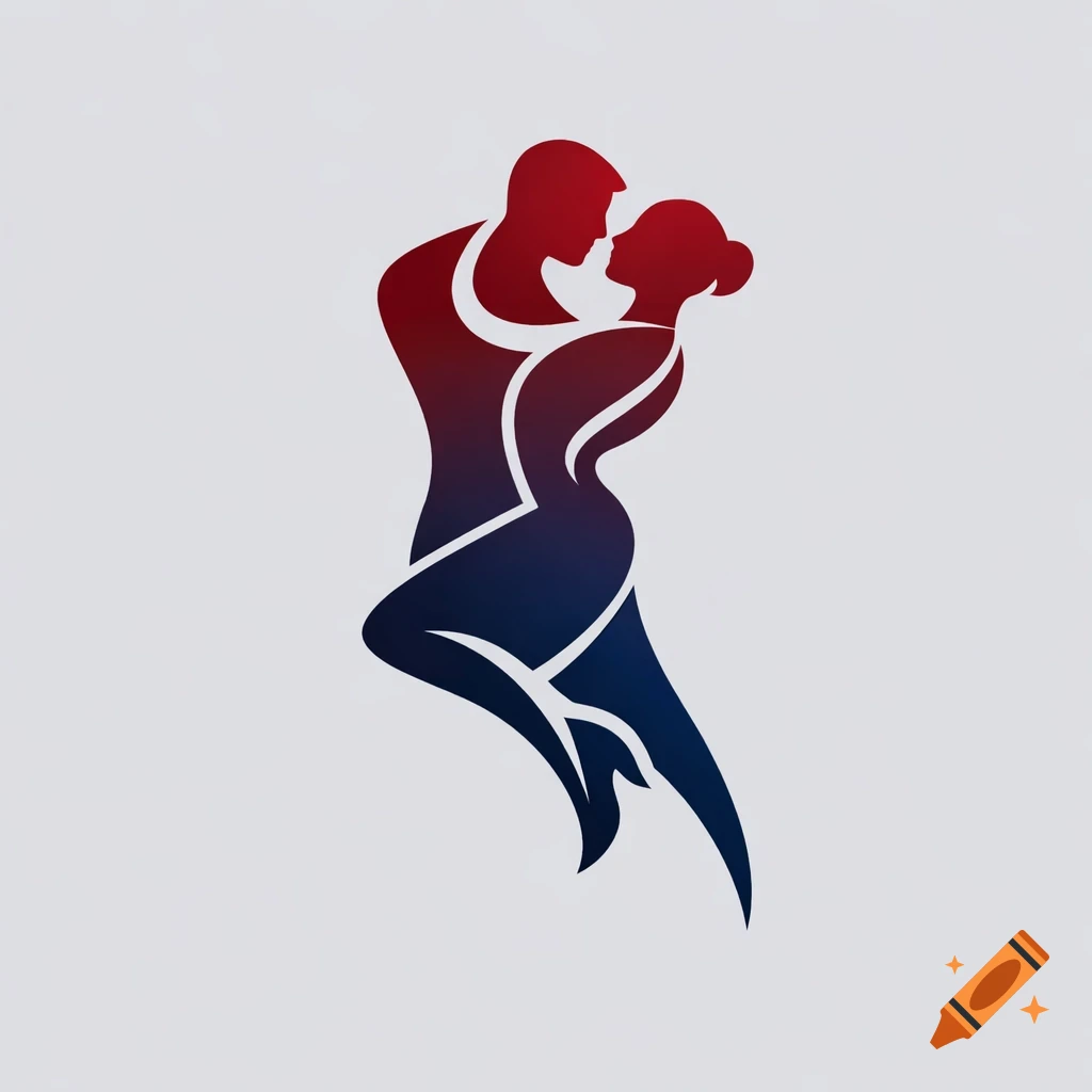 Stylized silhouette of a couple dancing tango, rendered in a red to blue gradient on a light background.