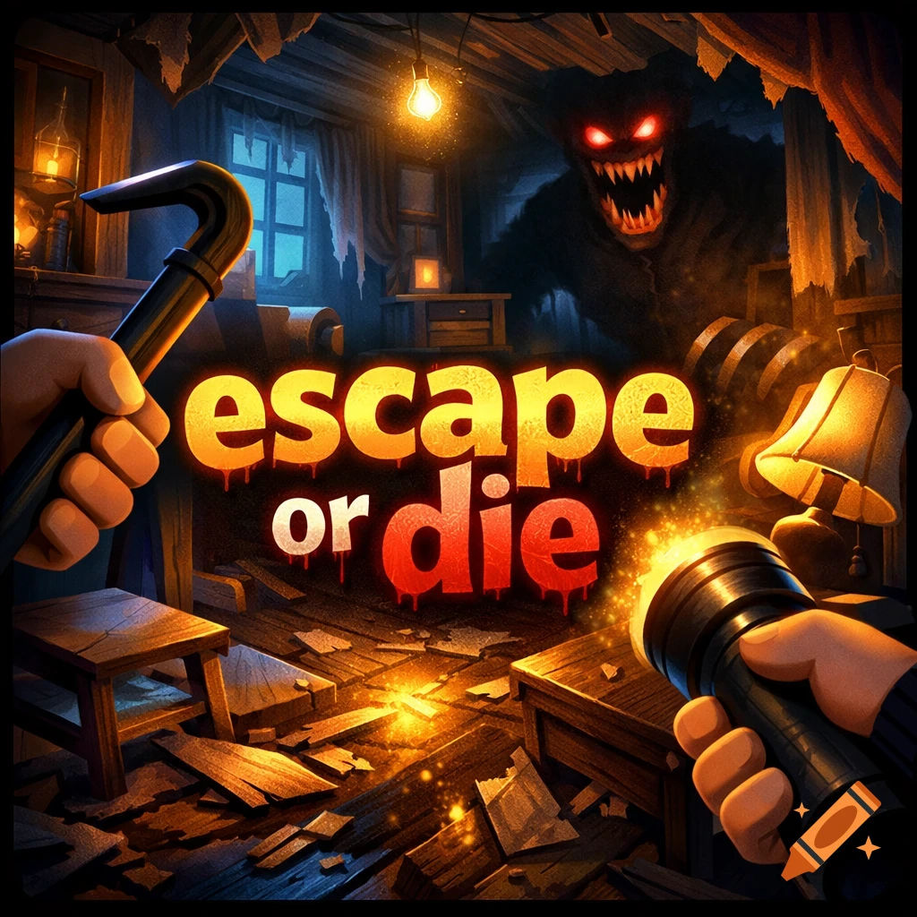 Roblox-style horror game icon with 'escape or die' text, hands holding a crowbar and flashlight in a dark, broken haunted room with a monster.