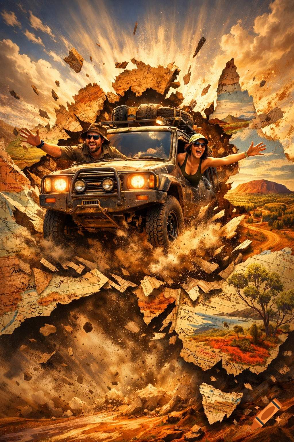 A happy couple in a 4x4 bursts through a torn map of Australia, stirring up dust in a dynamic, photorealistic scene.