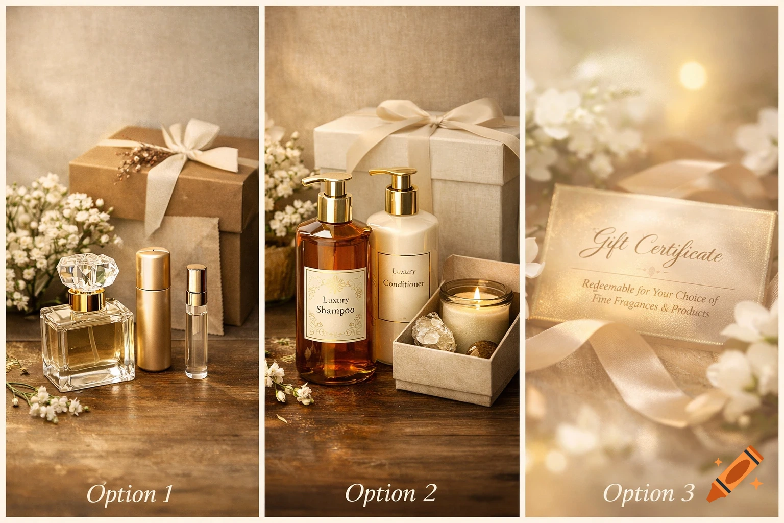 Three vertical panels display elegant gift options in natural tones: perfumes, shampoo and conditioner, and a gift certificate, surrounded by flowers and gift boxes.