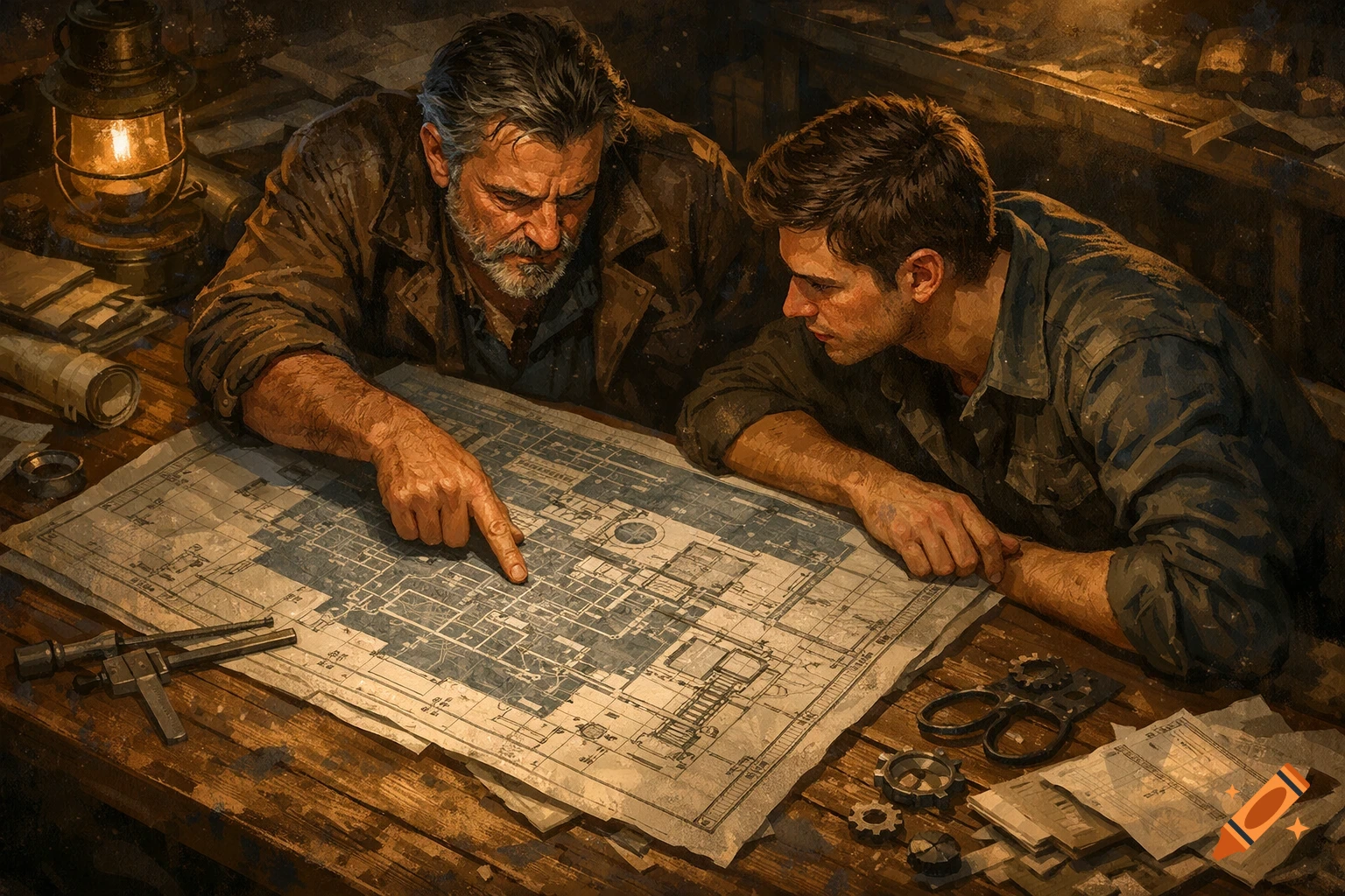 Two men in a dimly lit workshop examine a large blueprint on a wooden table, one pointing at details in this painterly illustration.