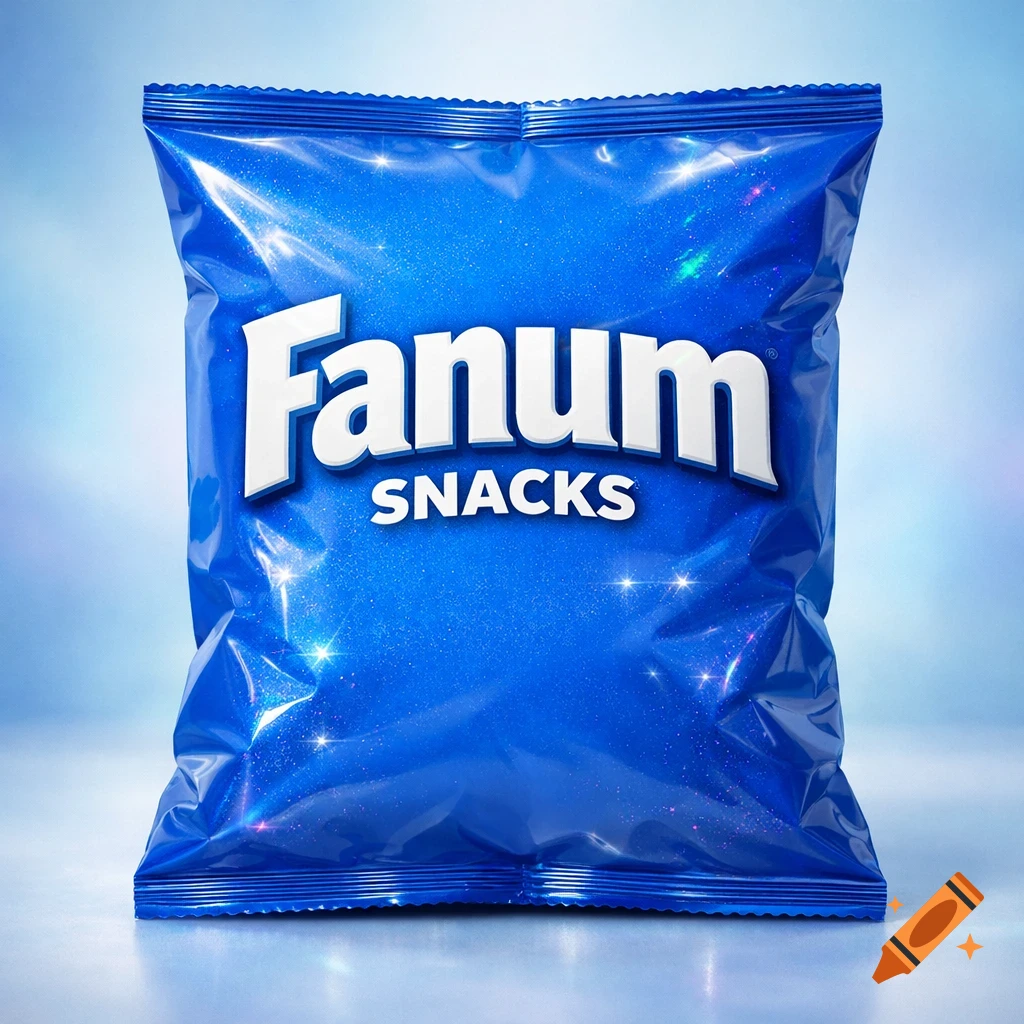 A photorealistic blue bag of chips, sparkling, with "Fanum SNACKS" printed in white letters on the front.