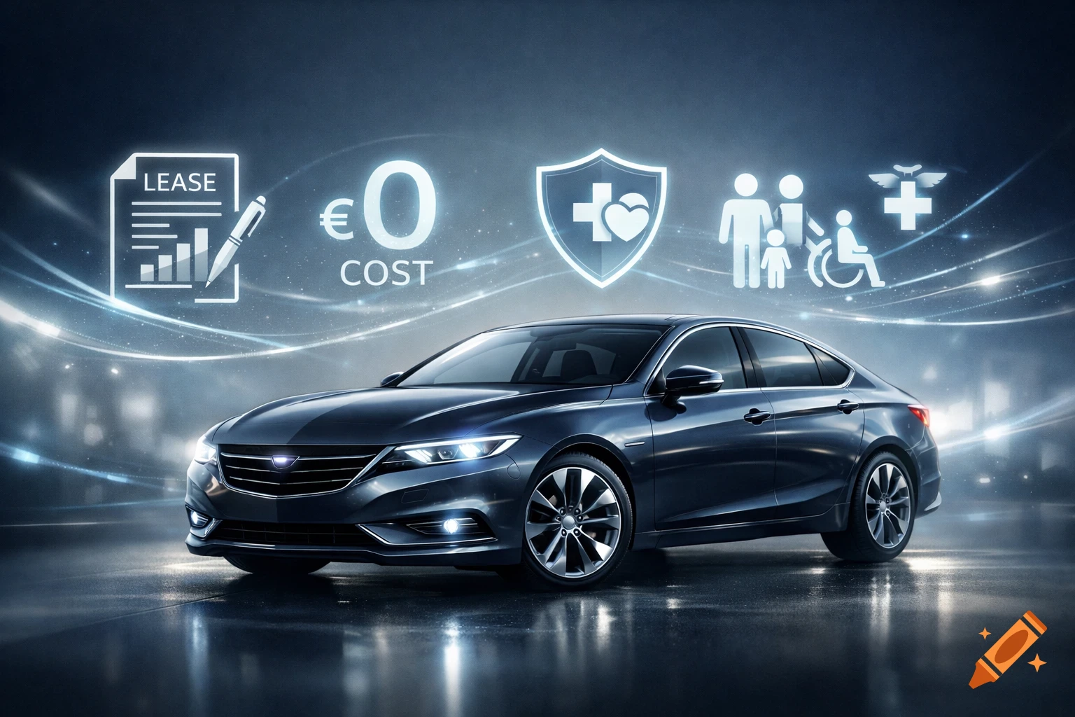 Sleek dark blue car with glowing digital icons for lease, zero cost, insurance, and family services on a futuristic background.