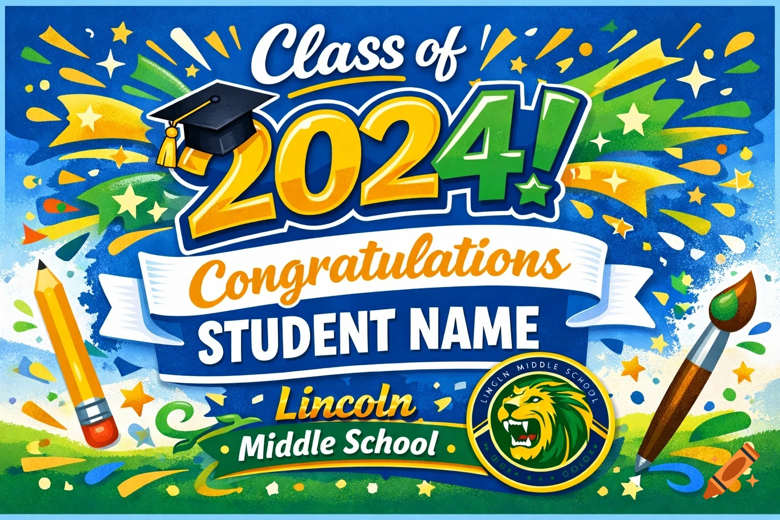 A vibrant, illustrated graduation sign for the Class of 2024 from Lincoln Middle School, with a cap, pencil, and paintbrush.