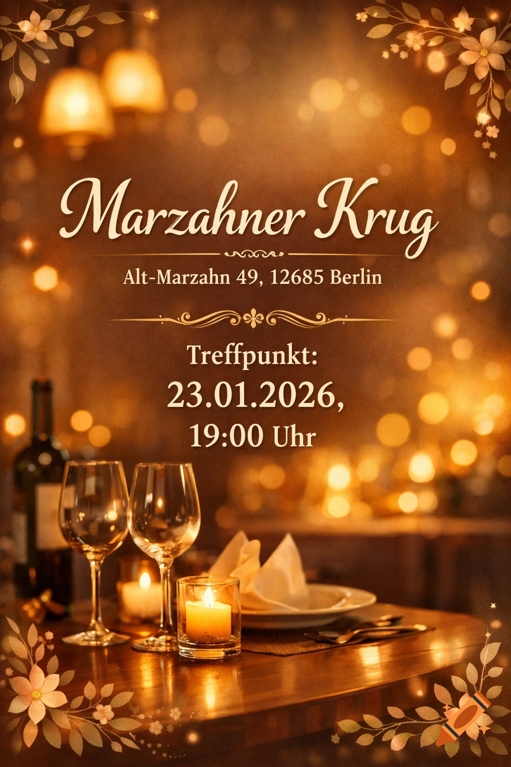 Elegant dinner invitation for Marzahner Krug with address, date, and time, set against a warm, bokeh background.