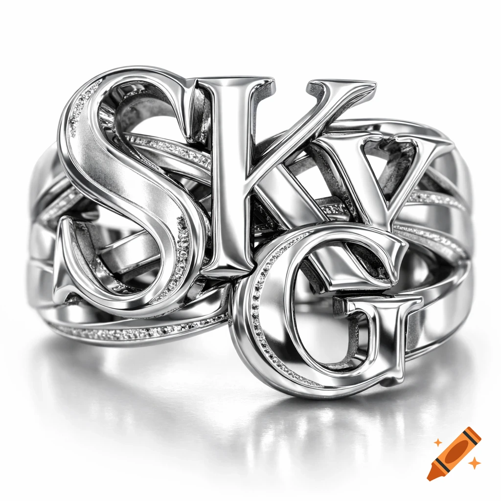 Close-up of a luxurious silver ring with interwoven letters SKYG and tiny diamonds, on a white background.