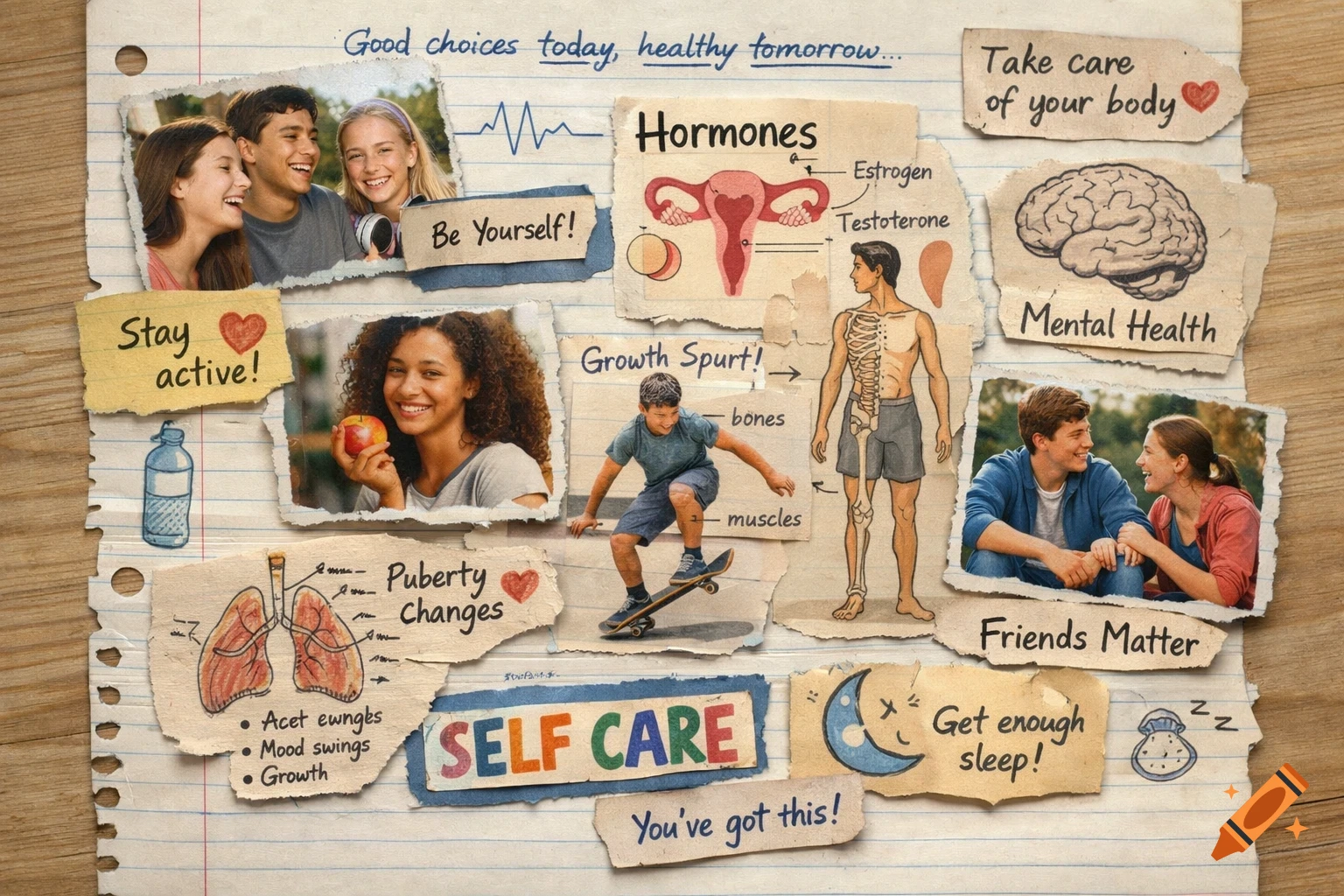 A collage of magazine cutouts and handwritten notes on lined paper about youth health, including puberty, hormones, mental health, and self-care.
