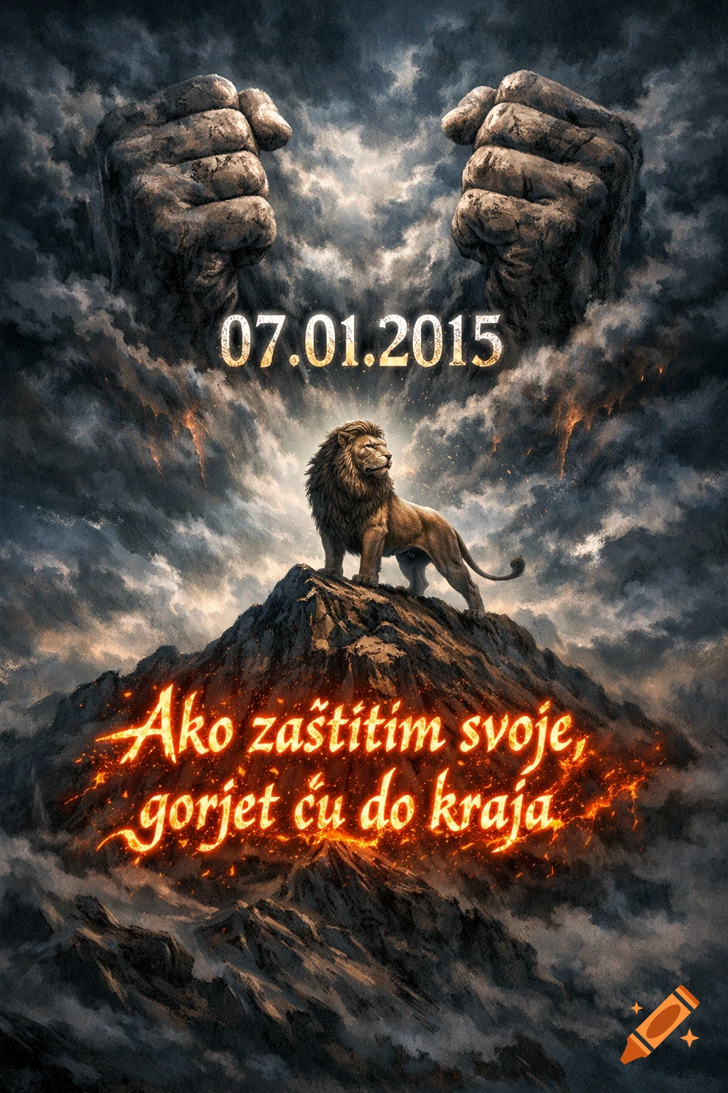 A dramatic scene with a lion on a mountain, fiery text, a date "07.01.2015", and stone fists in stormy clouds.