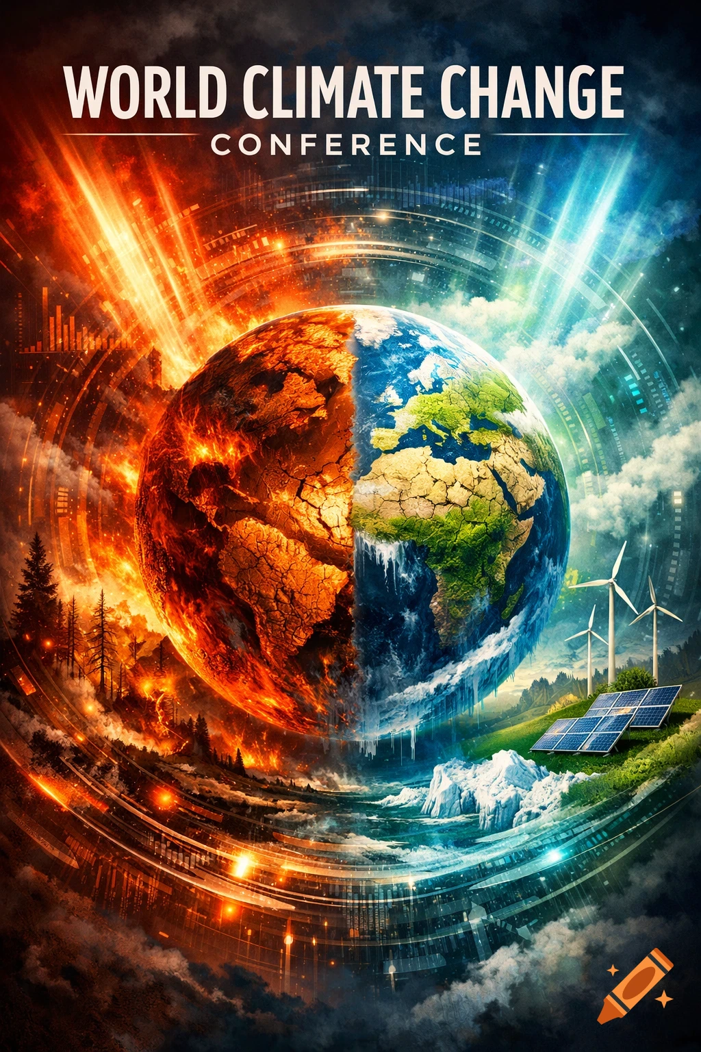 Conceptual poster: Earth split, one side burning, the other green with ice. Wind turbines, solar panels below. Text: 'WORLD CLIMATE CHANGE CONFERENCE'.