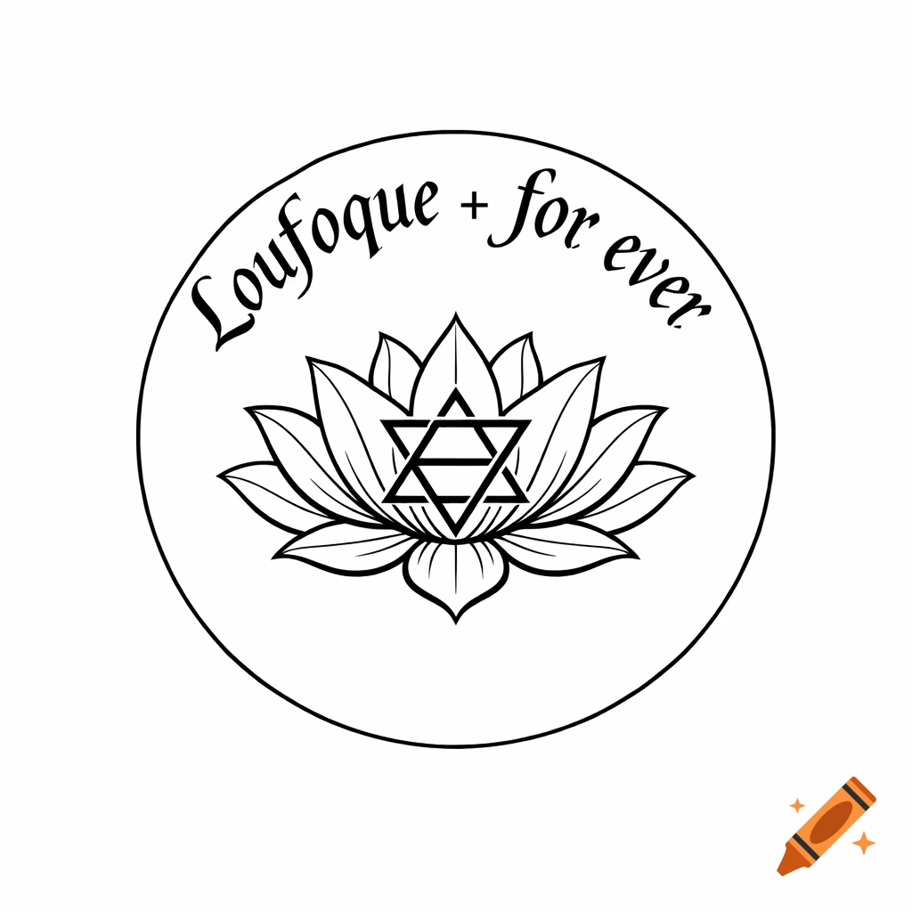 Black and white line art tattoo design featuring a lotus flower with a Star of David in its center, encircled by the text 'Loufoque + for ever' within a thin circle.