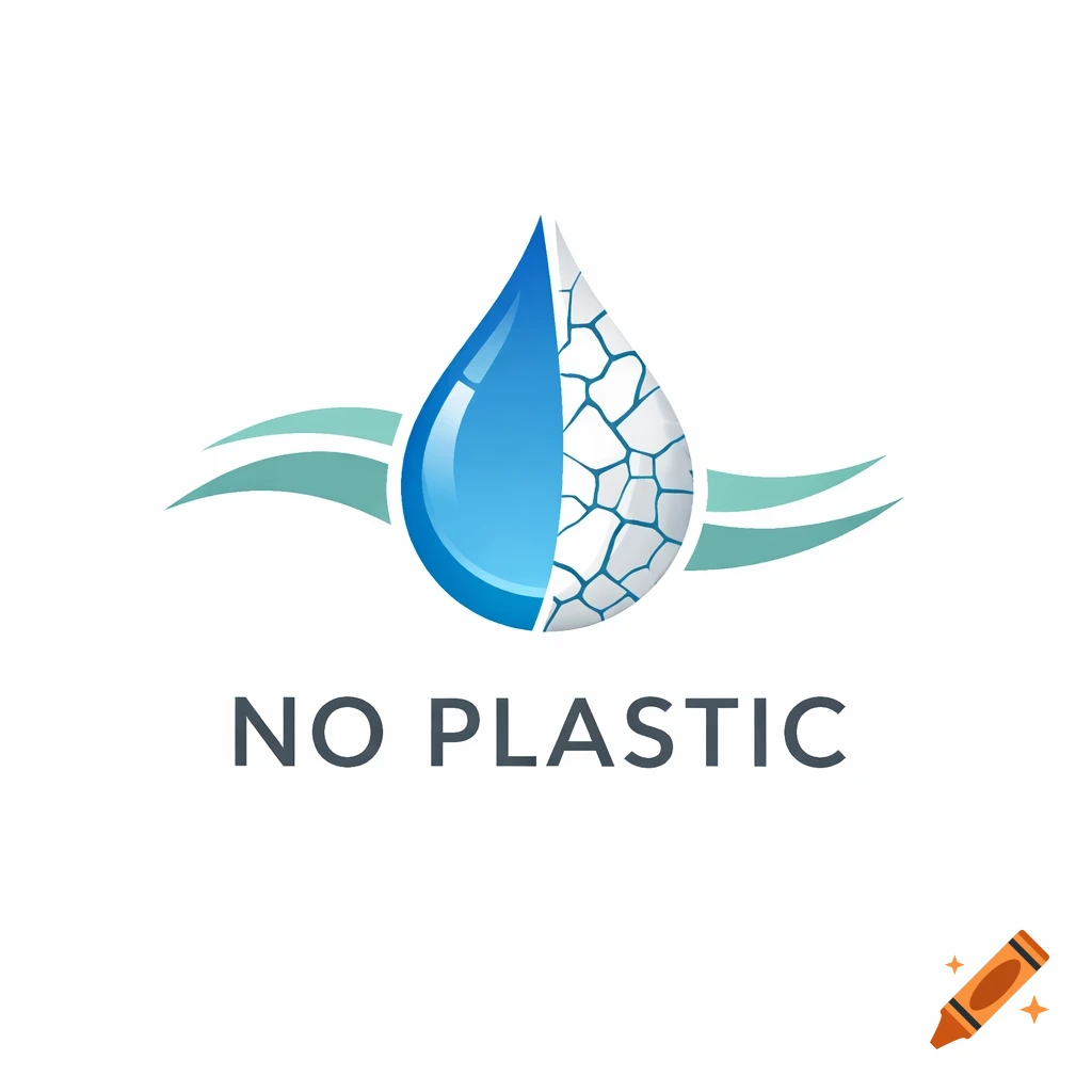 Logo with a blue water drop, half shiny and half cracked, flanked by teal waves, with text 'NO PLASTIC'.
