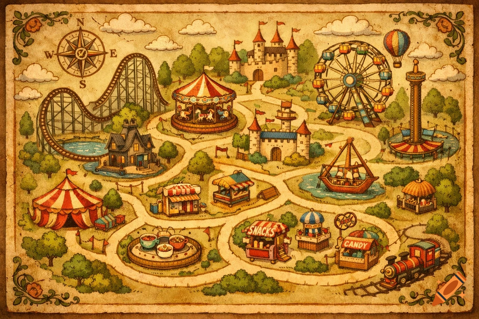 A vintage-style illustrated map of an amusement park with a roller coaster, Ferris wheel, carousel, and food stalls.