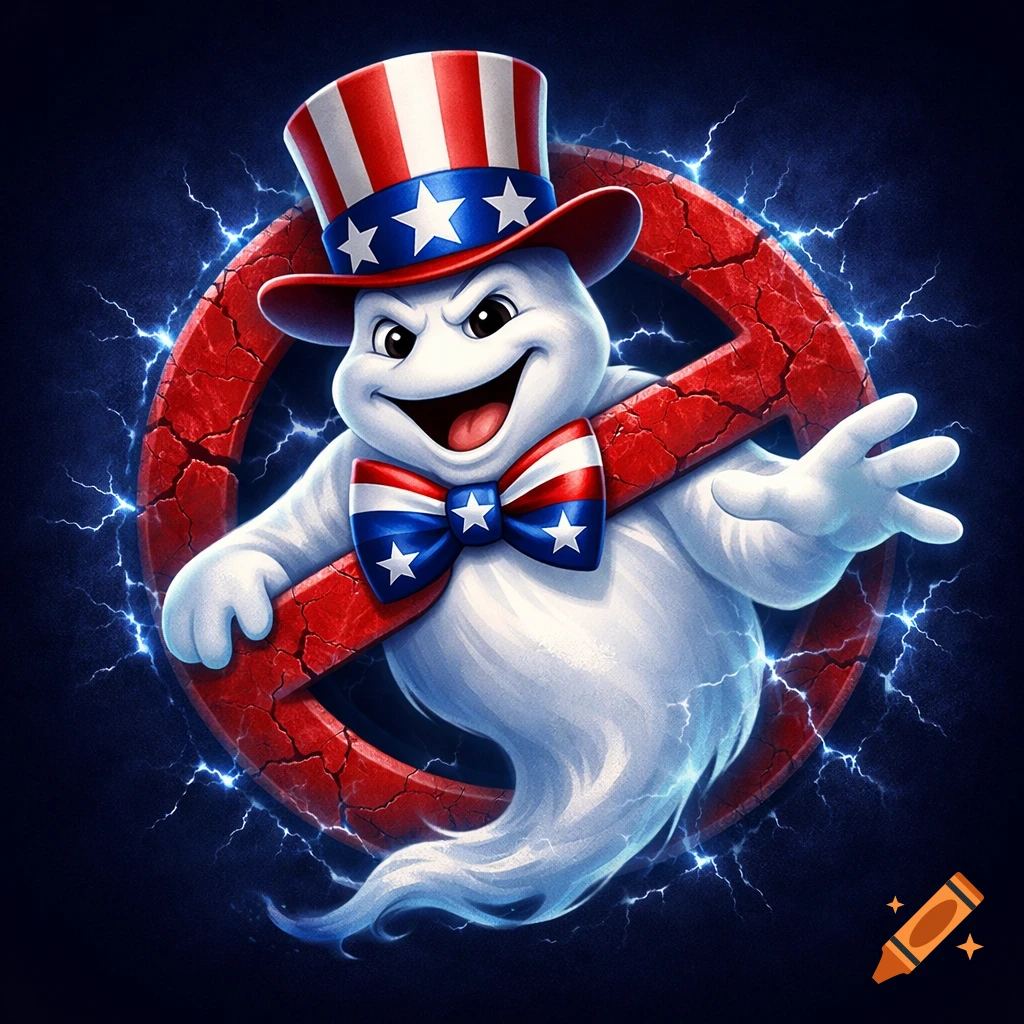 A cartoon white ghost wearing an Uncle Sam hat and bow tie emerges from a cracked red Ghostbusters-style prohibition sign with blue lightning.