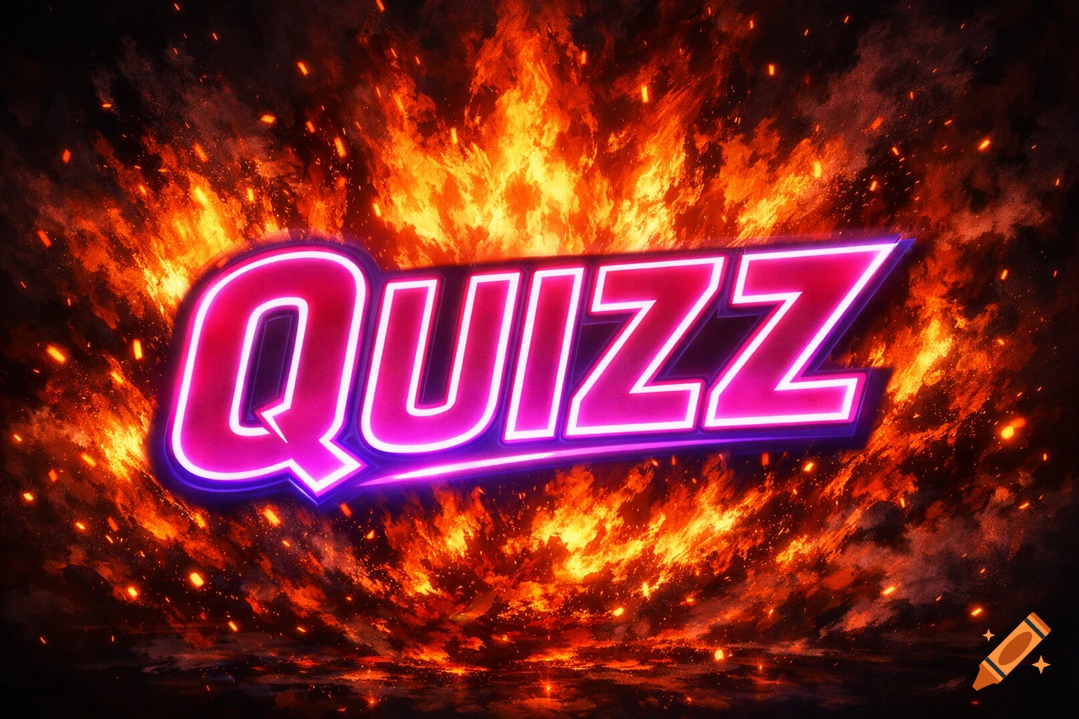 Stylized graphic with the word "QUIZZ" in glowing pink and purple neon against a fiery background with sparks.