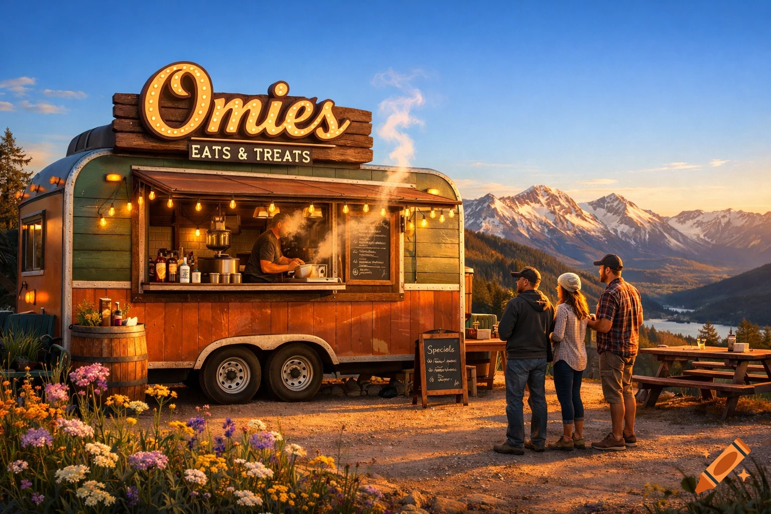 A rustic food truck named 'Omies Eats & Treats' at sunset with people, wildflowers, and snow-capped mountains in the background.
