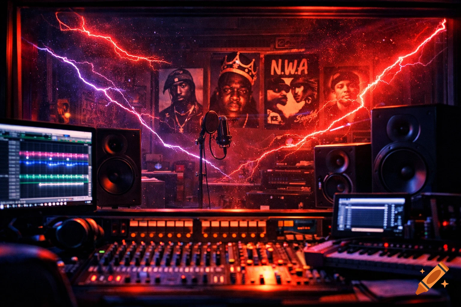 Photorealistic image of a music studio from a producer's booth, featuring posters of rappers like Tupac and N.W.A, with red and purple lightning across the scene. Equipment includes a mixing board, speakers, and computer screens.