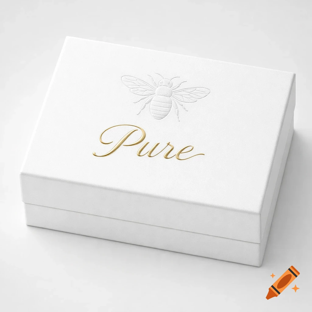 A white gift box with an embossed bee and gold 'Pure' text on the lid.