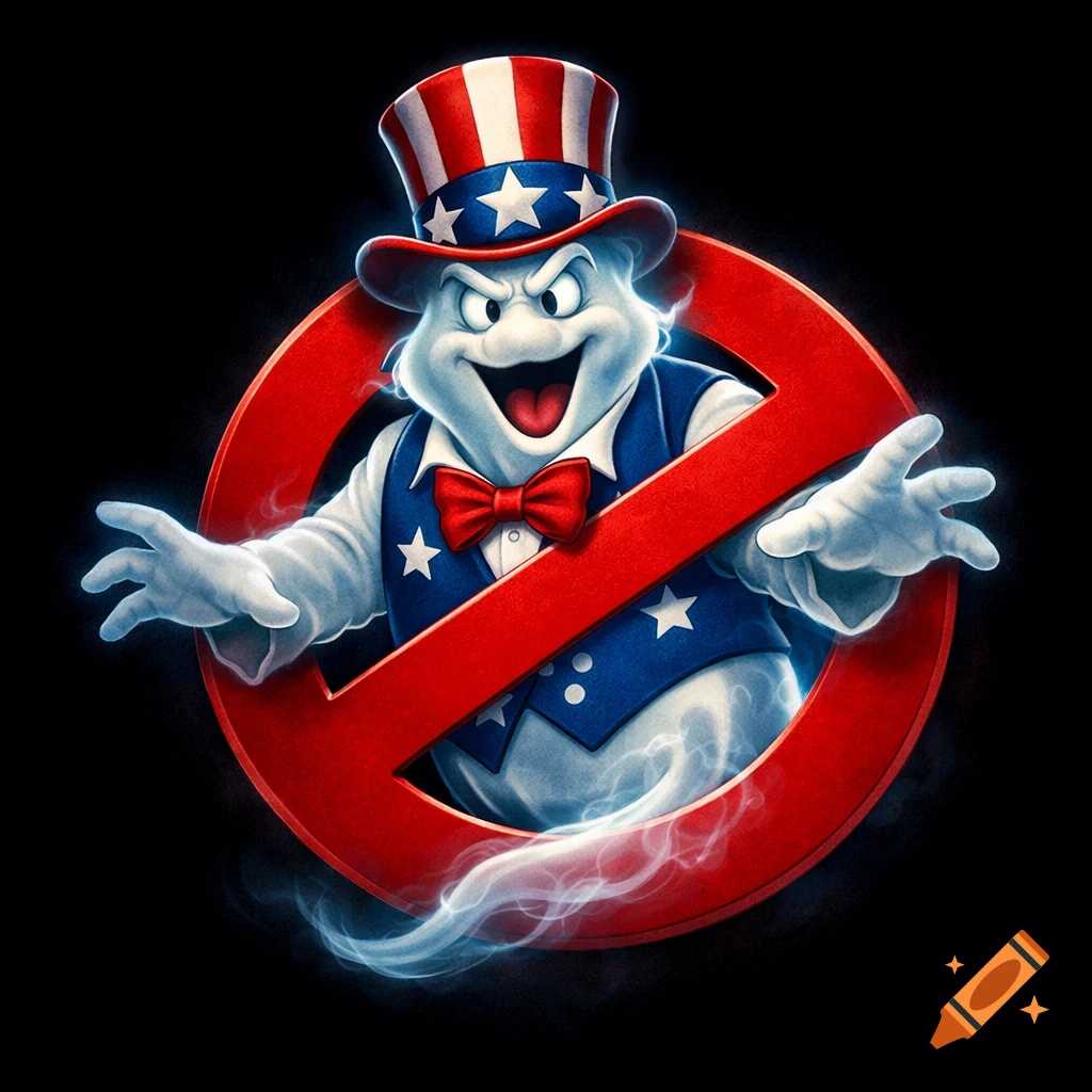 An illustration of a cartoon ghost dressed as Uncle Sam, emerging from a red 'no' symbol like the Ghostbusters logo.