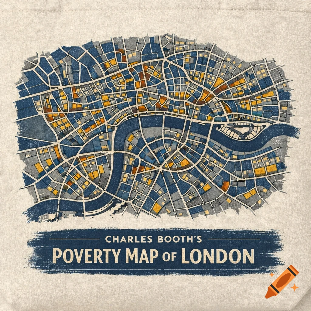 A stylized vintage map of London, known as Charles Booth's Poverty Map, printed on a cream-colored tote bag.