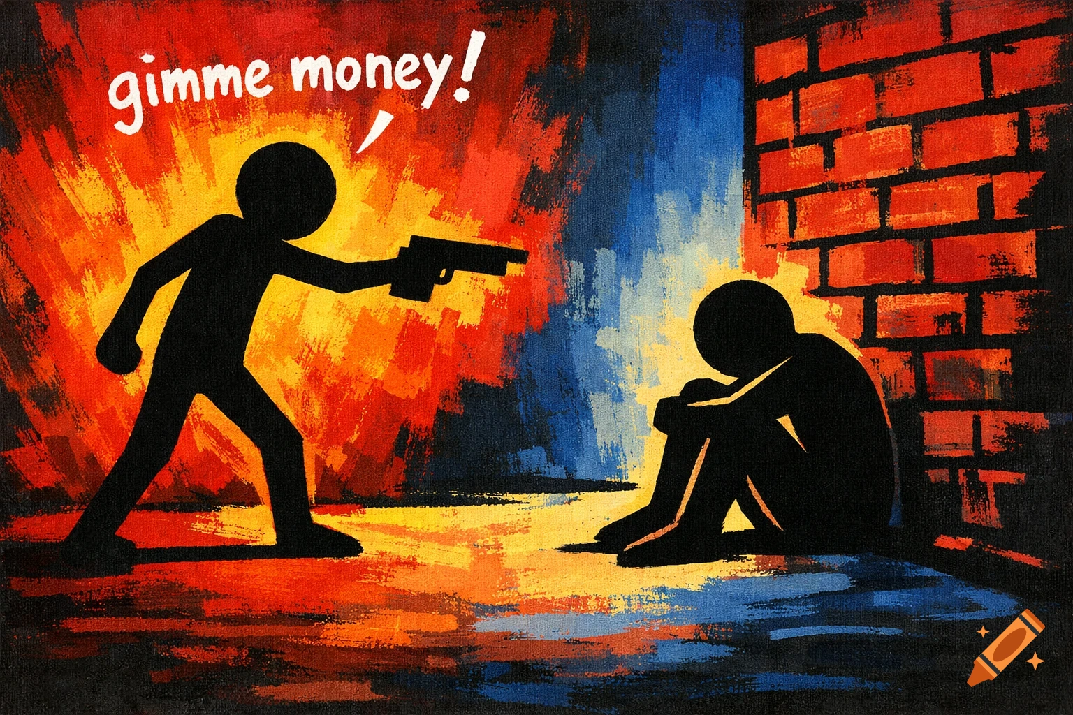 A stylized painting depicts a stickman with a gun demanding money from another stickman huddled against a vibrant, brush-stroked brick wall.