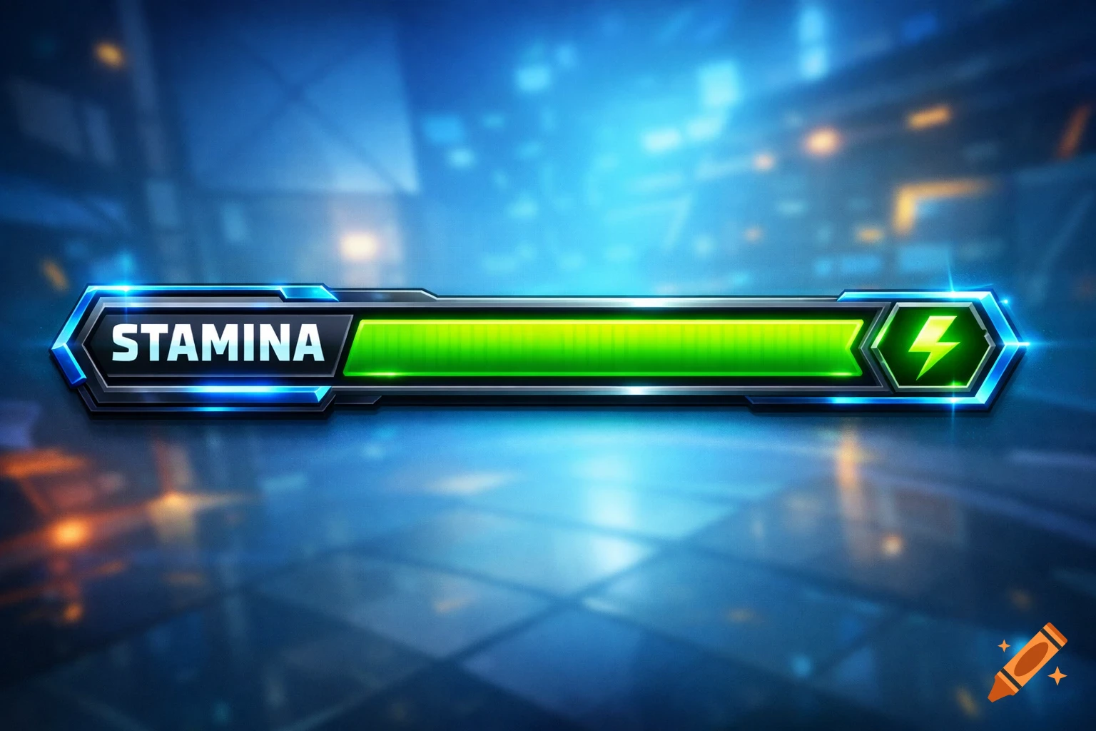 Stylized gaming UI stamina bar with 'STAMINA' text, a green progress bar, and a lightning bolt icon on a blurred blue background.