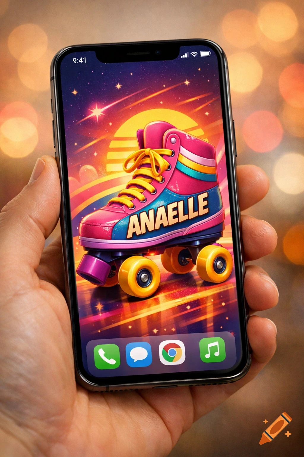 A hand holds a smartphone displaying a vibrant wallpaper of a retro roller skate with 'ANAELLE' written on it, set against a sunset and starry sky.