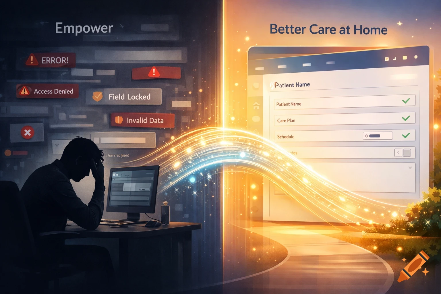 A man looking frustrated at a computer screen on the left, surrounded by error messages. On the right, a glowing path leads to a screen with successful patient care entries, representing a solution.