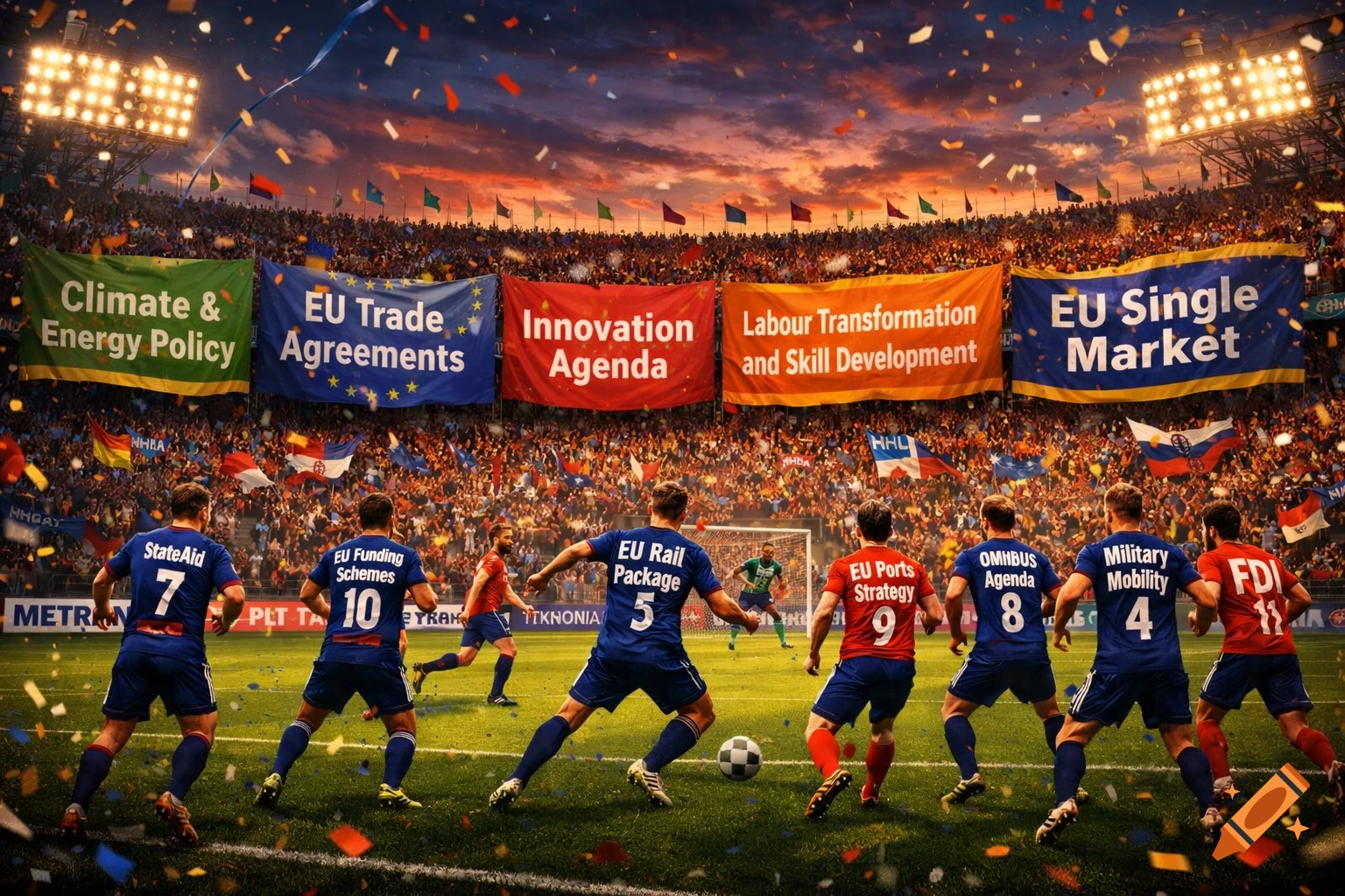 A vibrant, photorealistic image of a crowded football stadium at sunset with players on the field and banners displaying policy terms like "Climate & Energy Policy" and "EU Single Market" along the stands. Confetti falls over the scene.