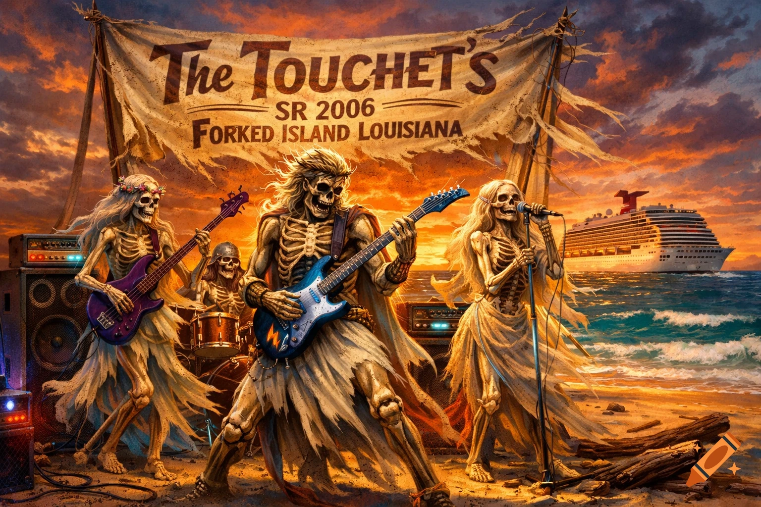A skeleton rock band plays on a beach at sunset, with a banner and cruise ship in the background, in a detailed fantasy art style.