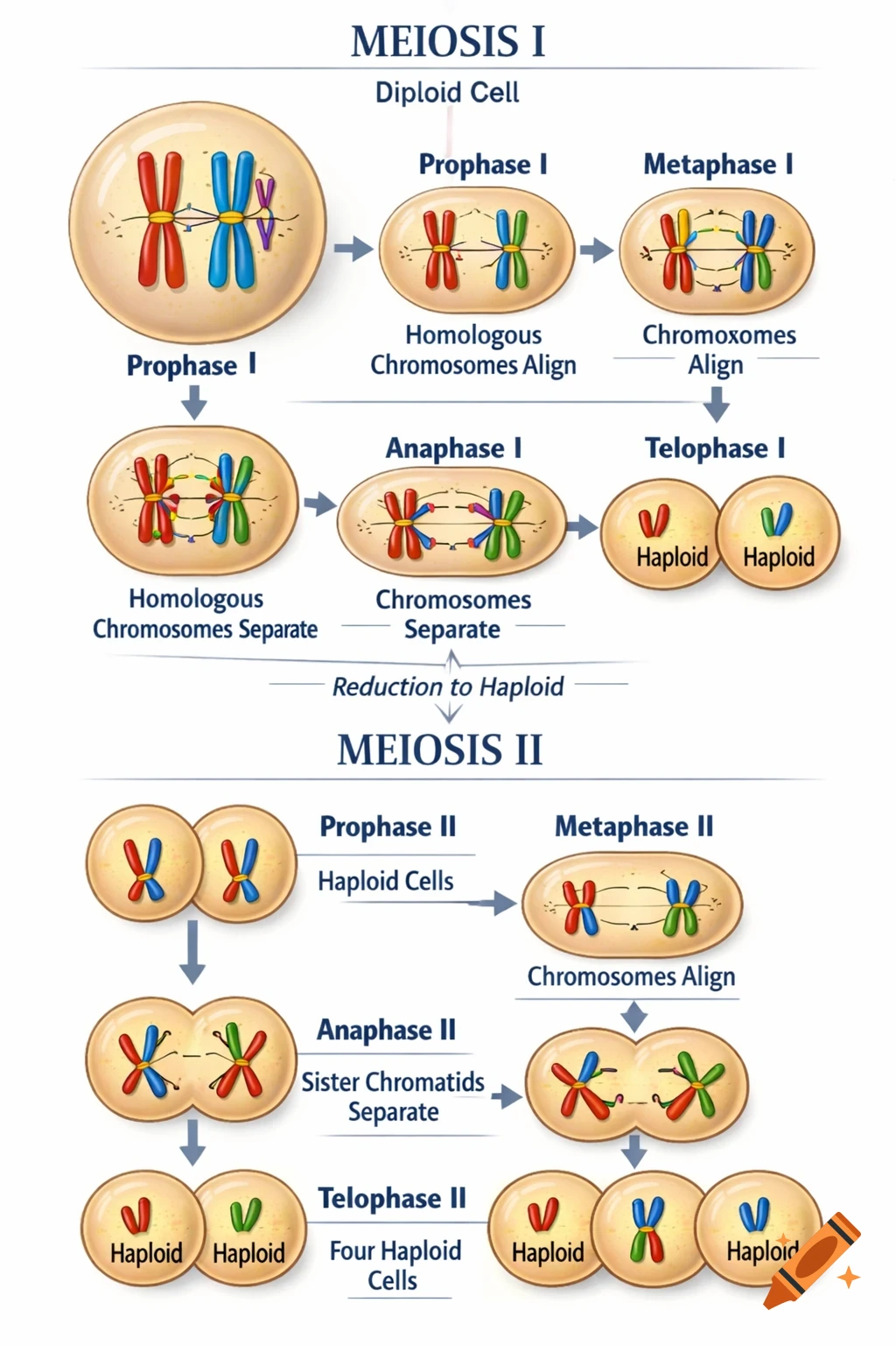 A detailed scientific diagram illustrating the stages of Meiosis I and Meiosis II, with labeled cells and chromosomes transforming through each phase.